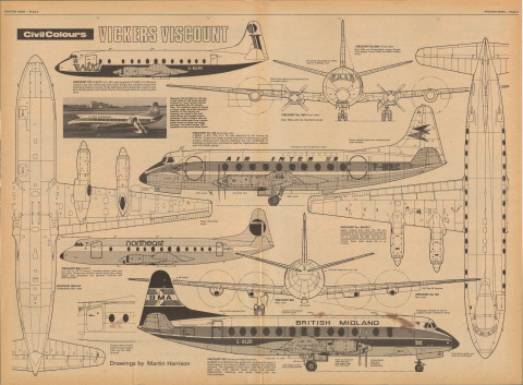 Vickers Viscount, CivilColours - 1/72 drawing by Martin Harrison, Эвиэйшон Ньюз том 7 №4 21 июль - 03 август 1978 лист 1 из 2